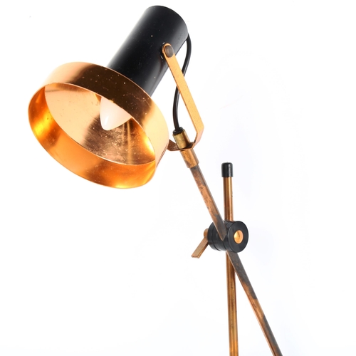 1866 - A mid-century copper desk lamp, with articulated stem, on cast iron base, height 47cm