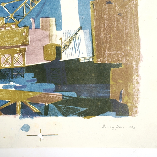 1878 - BARRY JONES, a lithograph print of a dockyard scene, signed and dated 1962, unframed, 50cm x 38cm