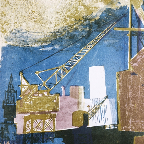 1878 - BARRY JONES, a lithograph print of a dockyard scene, signed and dated 1962, unframed, 50cm x 38cm