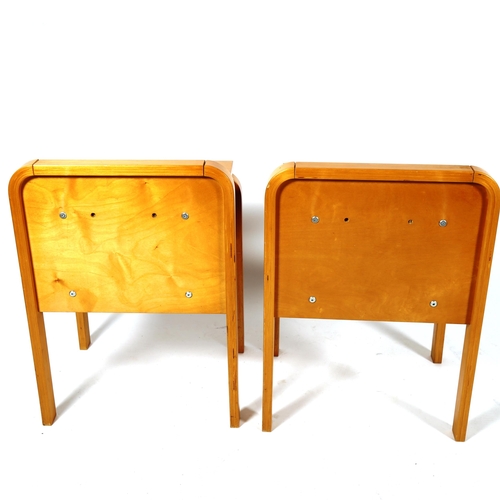 1891 - A pair of Aalto style, Finish, ISKU OY bent ply birch bedside tables or nightstands with maker’s lab... 