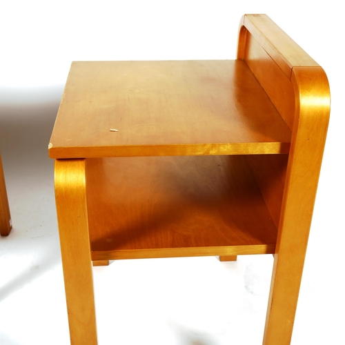 1891 - A pair of Aalto style, Finish, ISKU OY bent ply birch bedside tables or nightstands with maker’s lab... 