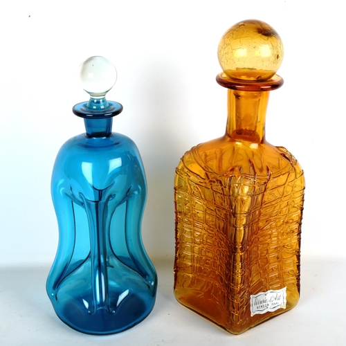 1929 - 2 mid-century hand made decanters, blue glug glug and Amber decanter with makers label 