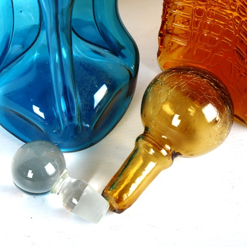 1929 - 2 mid-century hand made decanters, blue glug glug and Amber decanter with makers label 