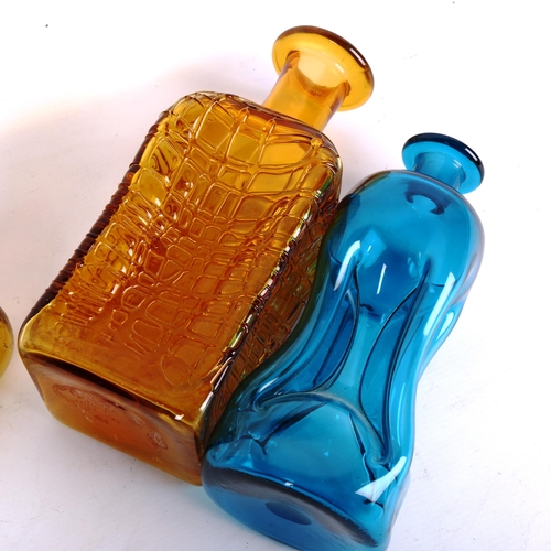 1929 - 2 mid-century hand made decanters, blue glug glug and Amber decanter with makers label 