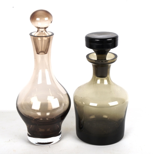 1930 - 2 mid-century smoked glass decanters, tallest 28cm