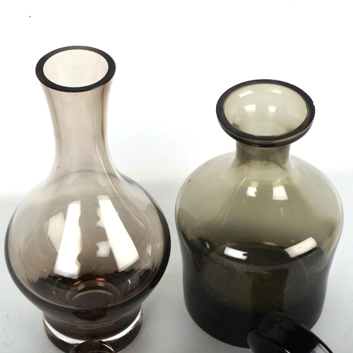 1930 - 2 mid-century smoked glass decanters, tallest 28cm