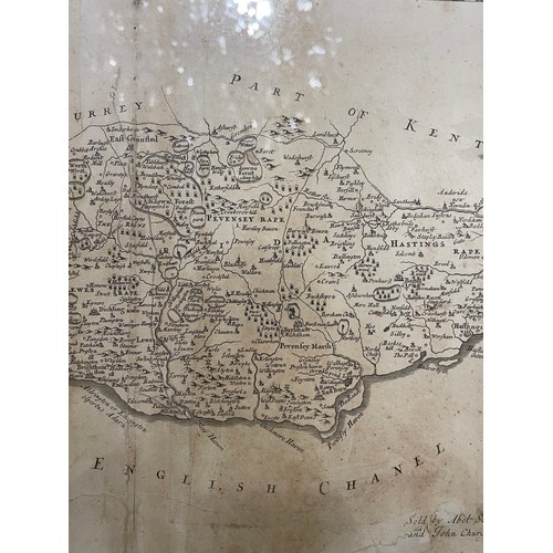 1281 - Robert Morden engraving, map of Sussex 1695, oak frame, overall frame dimensions 42cm x 49cm, and a ... 