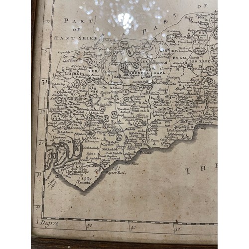 1281 - Robert Morden engraving, map of Sussex 1695, oak frame, overall frame dimensions 42cm x 49cm, and a ... 