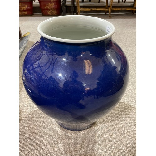 1131 - A large Chinese dark blue glaze porcelain jar, painted mark under base, height 42cm, rim diameter 23... 