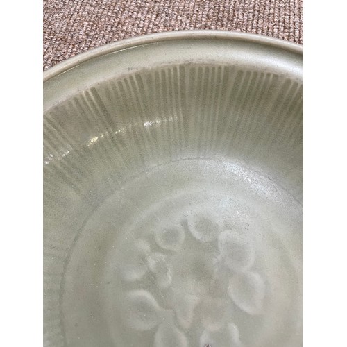 1008 - A Chinese celadon glaze bowl with relief moulded decoration, diameter 30cm