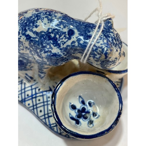 1237 - DRESDEN - blue and white glaze ceramic cat design cruet stand, length 8cm