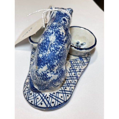 1237 - DRESDEN - blue and white glaze ceramic cat design cruet stand, length 8cm