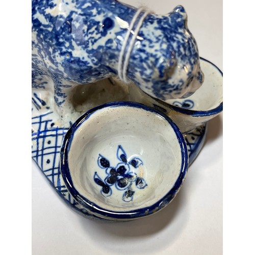 1237 - DRESDEN - blue and white glaze ceramic cat design cruet stand, length 8cm