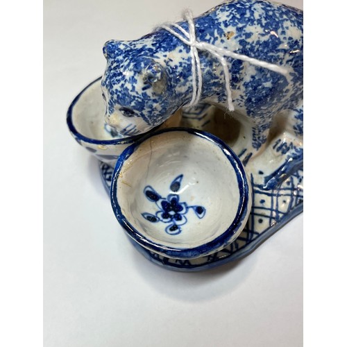 1237 - DRESDEN - blue and white glaze ceramic cat design cruet stand, length 8cm