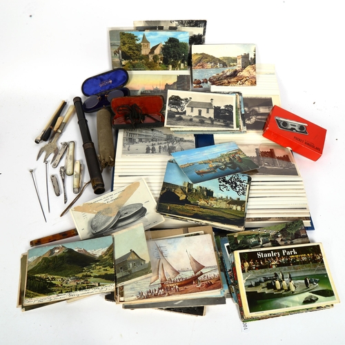 104 - Various collectables including: Hastings & St Leonards Postcards (LL),  2-draw pocket telescope, sil... 