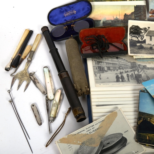 104 - Various collectables including: Hastings & St Leonards Postcards (LL),  2-draw pocket telescope, sil... 