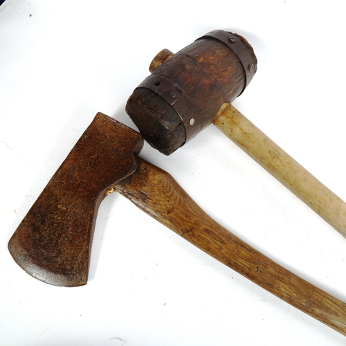 125 - A large Vintage 2-handed mallet, and a hand-forged iron woodsman's lopping axe stamped AL, length 88... 