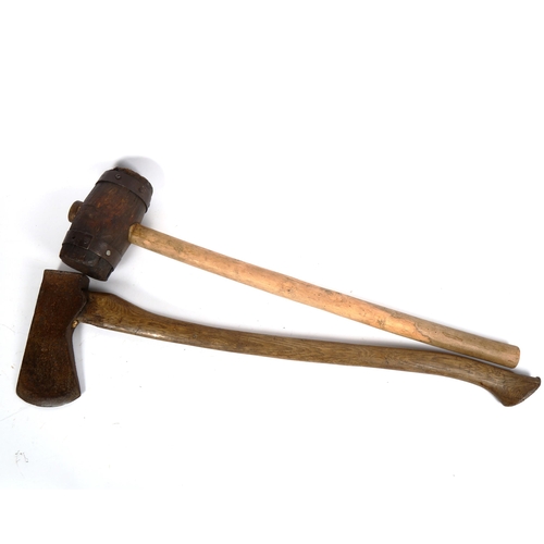 125 - A large Vintage 2-handed mallet, and a hand-forged iron woodsman's lopping axe stamped AL, length 88... 