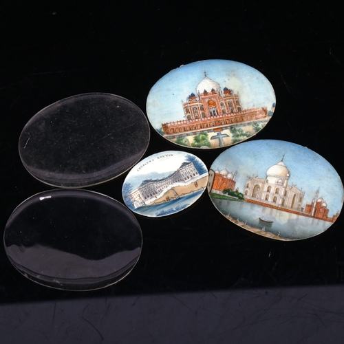 132 - 3 miniature watercolours on ivory, views include Crescent Buxton and Taj Mahal, largest length 6.5cm... 