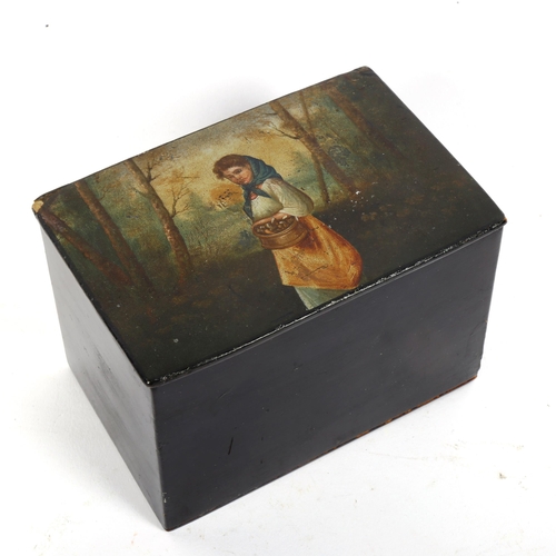 149 - A Russian black lacquer papier mache box, with painted lid, width 15cm