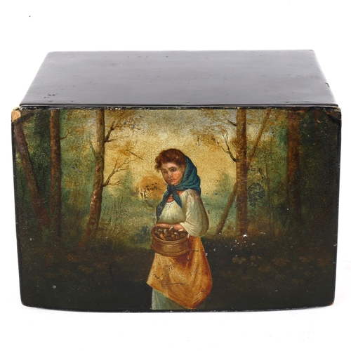 149 - A Russian black lacquer papier mache box, with painted lid, width 15cm