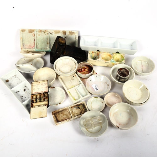 150 - Various Vintage artist's ceramic paint pallets, and a tin travelling artist's pallet, by George Rown... 