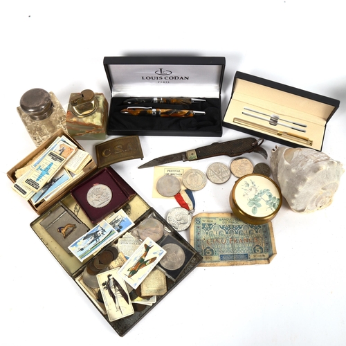 155 - Various collectables, including silver-topped glass inkwell, onyx table lighter, utility knife, CSA ... 