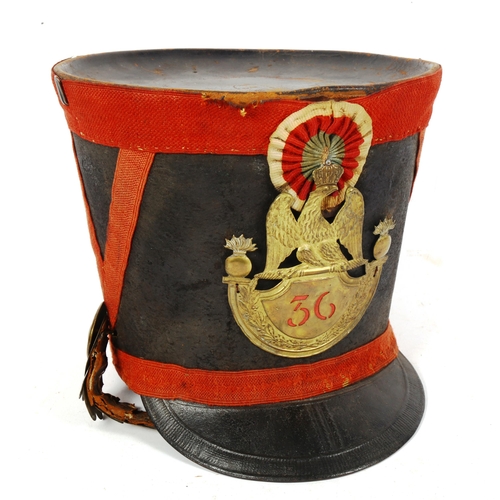 165 - An Antique French bell-topped shako hat, 36th Regiment, circa 1830 - 1840, height 23cm