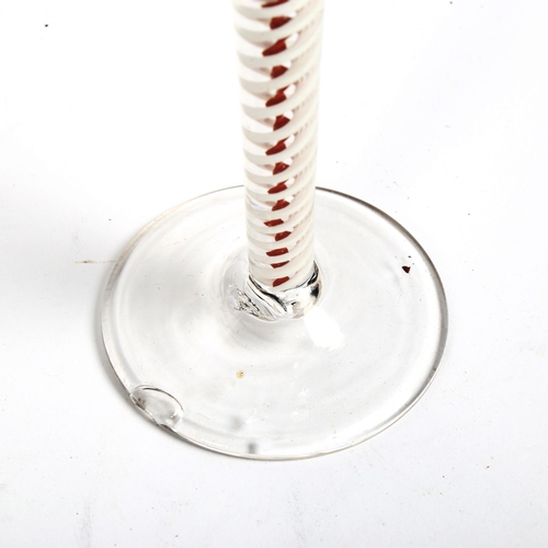 166 - A mid-18th century brick twist stem drinking glass, with etched grapevine bowl and double-twist stem... 