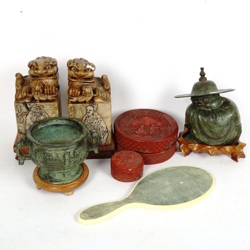 193 - Various Oriental collectables, including bronze archaic style censer, pair of soapstone Dog of Fo se... 