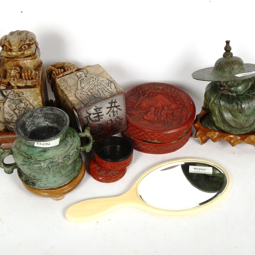 193 - Various Oriental collectables, including bronze archaic style censer, pair of soapstone Dog of Fo se... 