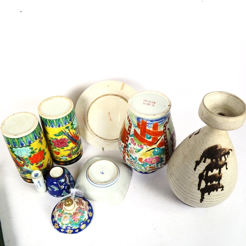 197 - Various Oriental ceramics and pottery, including baluster jar and cover, pair of sleeve vases etc, l... 