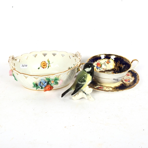 198 - Karl Ens porcelain bird figure, Dresden porcelain basket, and Aynsley Aristocrat bowl and saucer