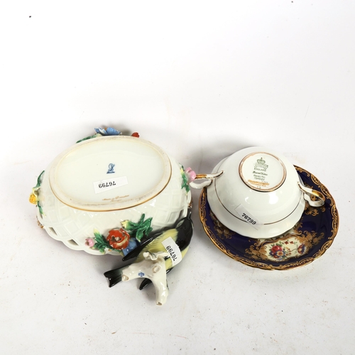 198 - Karl Ens porcelain bird figure, Dresden porcelain basket, and Aynsley Aristocrat bowl and saucer