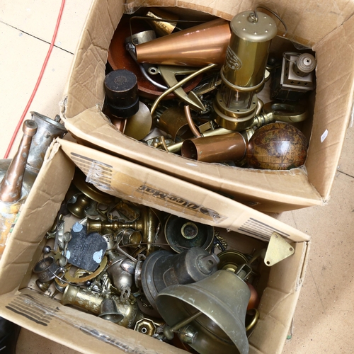 236 - A quantity of various brass and copper, including miner's lamp, large key, clam shell case, school b... 