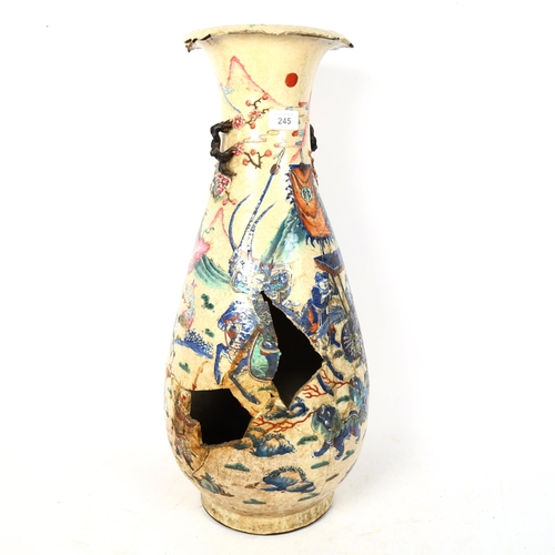 245 - A large Chinese crackle glaze pottery vase, height 62cm (heavily damaged)