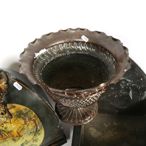 255 - A Vintage gilded Toleware water dispenser, and an Indian copper pedestal bowl, diameter 28cm (2)