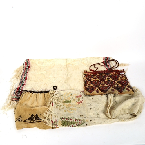 256 - A Vintage hand embroidered bag, embroidered silk scarf etc (4)