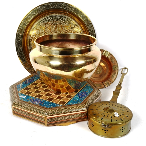 259 - An Indian Vizagapatam chess games board, Middle Eastern brass charger, brass chestnut roasting pan e... 