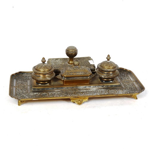 260 - A 19th century French brass chinoiserie desk stand, by De La Rue, Paris, including inkwells and desk... 