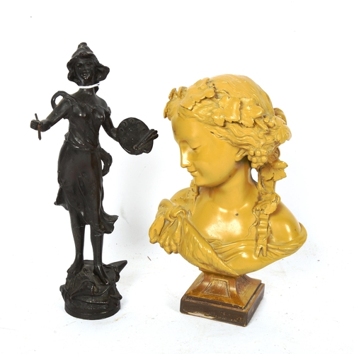 261 - An Art Nouveau spelter female artist sculpture, and a Classical style resin bust, height 22cm (2)