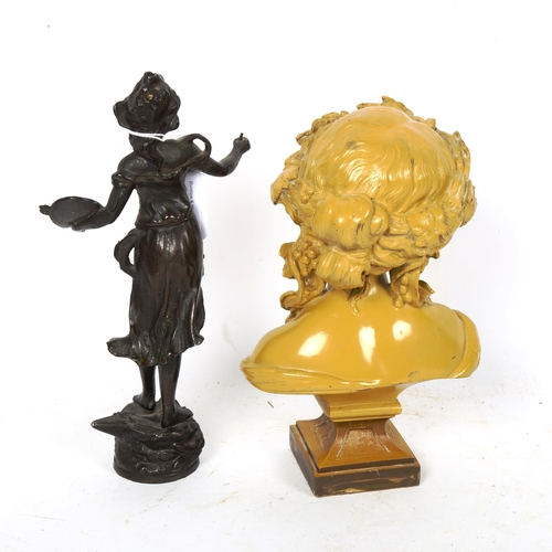 261 - An Art Nouveau spelter female artist sculpture, and a Classical style resin bust, height 22cm (2)