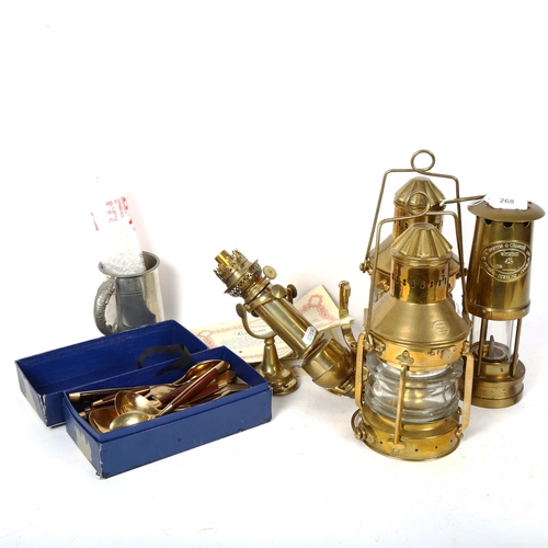 268 - Various brass oil lamps, including French Gaudard nautical gimbled example, and Cambrian miner's exa... 