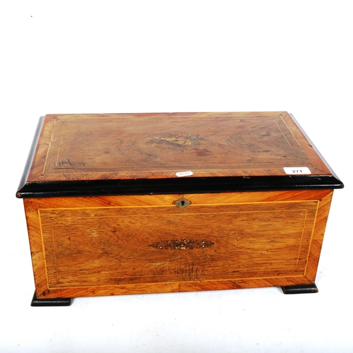 271 - A 19th century rosewood music box case (no movement), W48cm, H22cm, D27cm