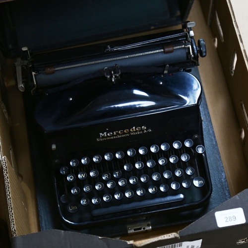 289 - Vintage Mercedes typewriter, canvas covered brass single-draw telescope, and a Sievert blow torch (3... 