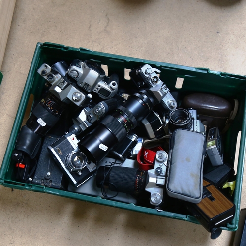 292 - Various Vintage cameras and accessories, including Praktica, Canon, Olympus etc (boxful)