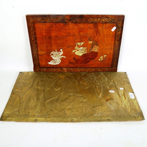 298 - A Vintage Dutch carved and painted wood panel, and a brass-clad landscape panel, 33cm x 62cm (2)