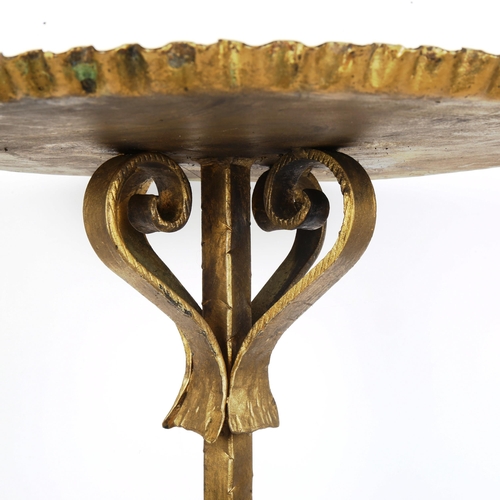 299 - A gold painted wrought-iron wine table, with piecrust edge, diameter 40cm, height 61cm