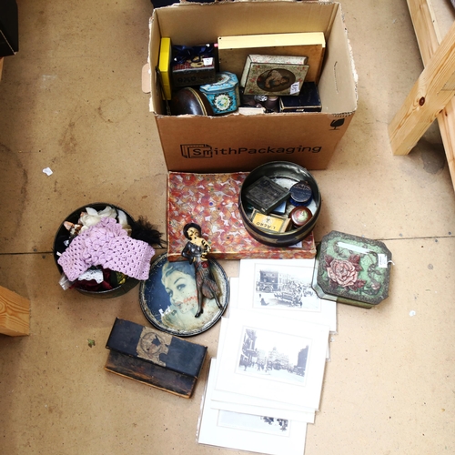 302 - Various Vintage tins, giant powder puff, Art Deco painted spelter sculpture etc (boxful)