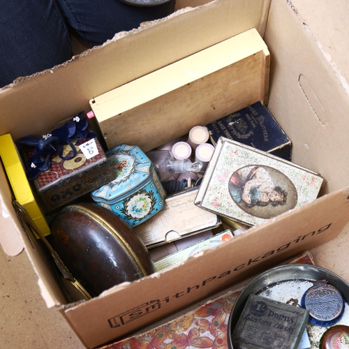 302 - Various Vintage tins, giant powder puff, Art Deco painted spelter sculpture etc (boxful)